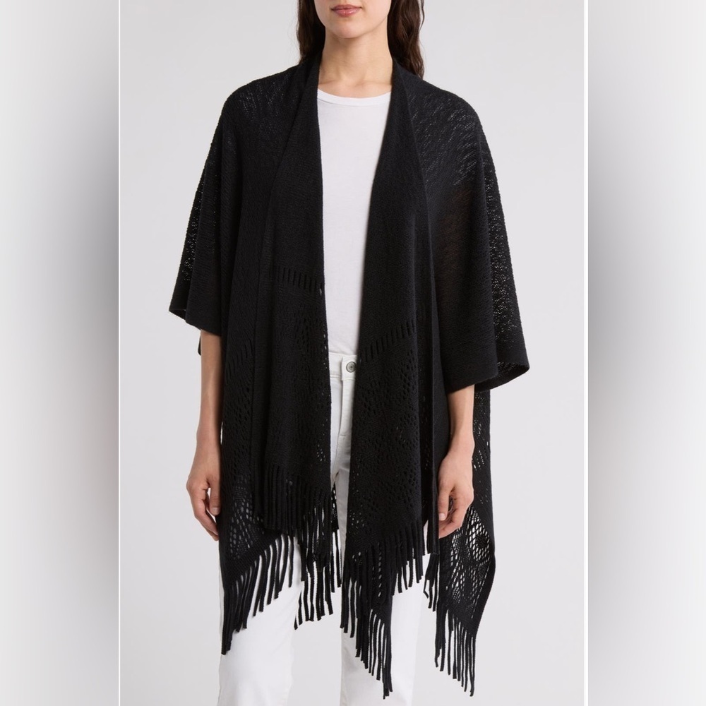 New! Vince Camuto Elegant Patterned Black Fringe Knit Topper Sweater OSFM